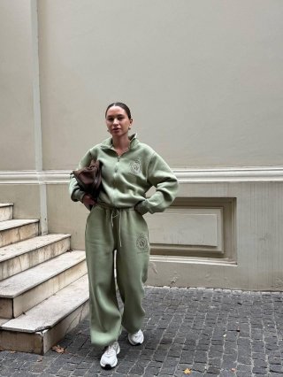 Women's 100% Cotton Casual Sports Set Sage Green Zipper Long Sleeve Sweatshirt And High Waist Sweatpants Letter Print Athleisure Two Piece Outfit