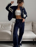 Women's High Street Sporty Sweatshirt Two-Piece Set 100% Cotton Long Sleeve Zipper Jacket And Striped Wide Leg Pants Tracksuit Activewear Casual Streetwear