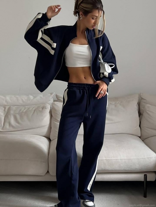 Women's High Street Sporty Sweatshirt Two-Piece Set 100% Cotton Long Sleeve Zipper Jacket And Striped Wide Leg Pants Tracksuit Activewear Casual Streetwear