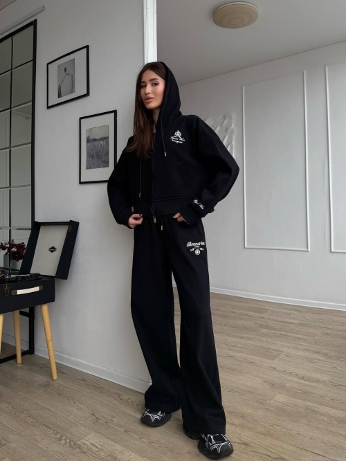Women's Oversized Two Piece Sweatsuit Set 100% Cotton Zip Up Hoodie And High Waist Wide Leg Sweatpants Embroidery Letter Print Casual Sportswear Tracksuit Streetwear