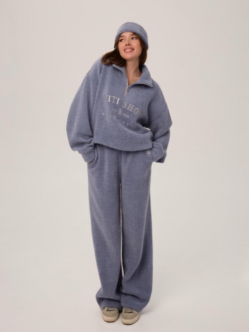 Women 3-Piece Knit Lounge Set Half Zip Sweater Long Wide Leg Pants Headband Embroidered Cotton Blend Tracksuit Autumn Winter Casual Sporty Streetwear Outfit