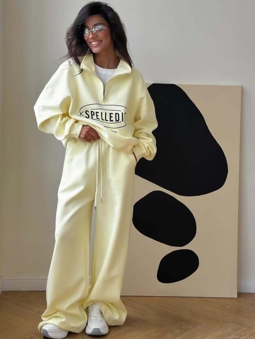 Women's Casual Two Piece Sweatshirt Set Half Zip Letter Print Long Sleeve Pullover And Straight Leg Pants Sportswear Cotton Blend Tracksuit Autumn Winter Streetwear