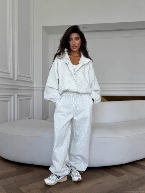 Women's 2-Piece Casual Sportswear Set Cotton Blend Knitted Zip Up Jacket And High Waist Wide Leg Drawstring Pants Solid Streetwear Tracksuit