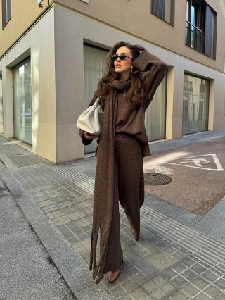 Women's Casual Knit Two Piece Set Half Zip Long Sleeve Sweater and High Waist Wide Leg Pants Autumn Winter Warm Cotton Blend Tracksuit Loose Fit
