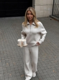 Women's Ribbed Knitted Two Piece Set Cotton Blend Half Zip Pullover Sweater And Wide Leg Pants Outfits Casual Minimalist Loungewear Tracksuit Streetwear Winter Spring Autumn