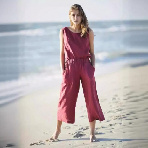 Women's Casual Summer 2-Piece Set Viscose Linen Blend Sleeveless Tank Top and Wide Leg Pants With Pockets Solid Color Retro Loose Fit Beach Vacation Holiday Outfit