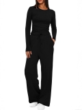 Women's Ribbed Knit Two Piece Set Long Sleeve Slim Top And High Waist Drawstring Wide Leg Pants Casual Lounge Commute Sweatsuit Solid Color Tracksuit For Autumn Winter