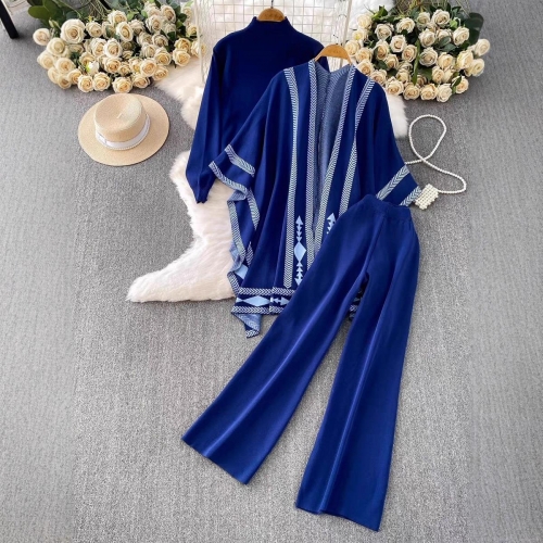 Women 3 Piece Knit Set Bohemian Geometric Pattern Open Front Cardigan With High Neck Top And Wide Leg Pants Elegant Ethnic Casual Outfits