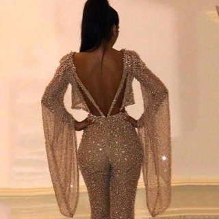 Women's Sexy Sequin Two Piece Set Long Sleeve Backless Crop Top and Flare Pants Sequin Polyester Clubwear Jumpsuit for Party Night