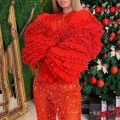 Women Red Sequin Two Piece Set Ruffle Flare Long Sleeve Crop Top And High Waist Mesh Patchwork Long Pants Sexy Party Christmas Clubwear Outfit