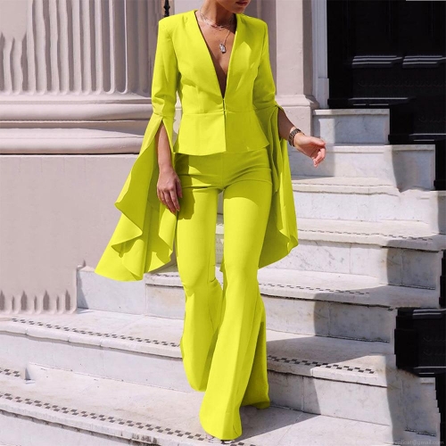 Women Elegant Two Piece Suit Set Deep V-Neck Flare Sleeve Jacket Top High Waist Flare Pants Set Solid Color Professional Office Commute Evening Party Outfit Polyester Spandex Fashion Clothing