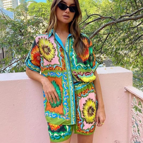 Women's Two Piece Set Floral Print Linen Blend Casual Short Sleeve Button Down Shirt and High Waist Shorts Summer Vacation Beach Outfit