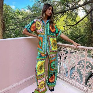 Women's Vintage Sunflower Baroque Print 2 Piece Set Vacation Short Sleeve Lapel Shirt And Wide Leg Pants Casual Summer Outfits