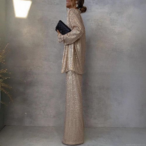 Women's Elegant Sequined Suit Two-Piece Set Long Sleeve Blazer And High Waist Wide Leg Pants Glitter Party Banquet Evening Outfits For Women