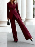 Elegant Burgundy Women Suit Set Double Breasted Slim Fit Blazer And Wide Leg Trousers Two Piece Business Office Commuter Formal Outfit For Ladies