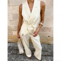 Women Elegant 2 Piece Sleeveless Blazer Vest And Wide Leg Pants Set Solid Color Polyester Commuter Waistcoat Trousers Suit With Belt