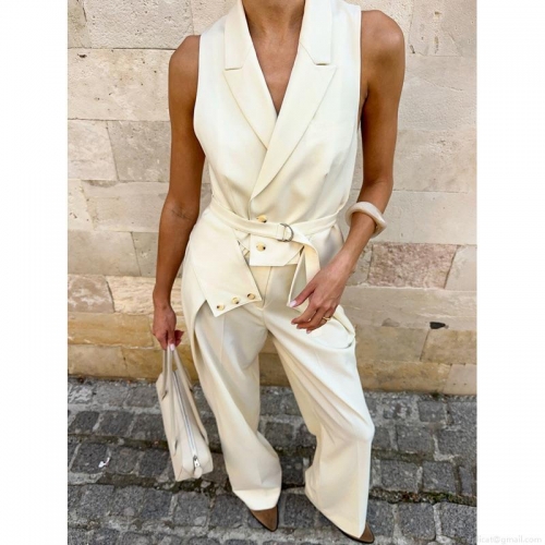 Women Elegant 2 Piece Sleeveless Blazer Vest And Wide Leg Pants Set Solid Color Polyester Commuter Waistcoat Trousers Suit With Belt