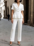 Women's Short Sleeve Peplum Blazer and Pants Set Professional Business Commute 2-Piece Elegant White Suit with Pearl Buttons Polyester Office Wear