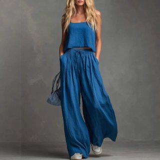 Women's 2 Piece Lounge Set Sleeveless Crop Top And High Waist Wide Leg Pants Polyester Solid Color Casual Trendy Streetwear Outfits For Daily Wear