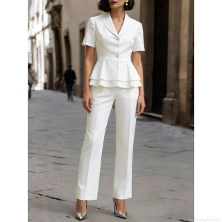 Women's 2 Piece Blazer Set Elegant Short Sleeve Ruffle Peplum Blazer and High Waist Straight Leg Pants Suit for Business Professional Office Commute Pearl Button Slim Fit Polyester Two Piece Outfit