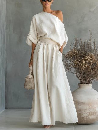 Women's Casual Two Piece Set Minimalist One Shoulder Long Sleeve Top And High Waist Wide Leg Pants Solid Color Elegant Office Vacation Set