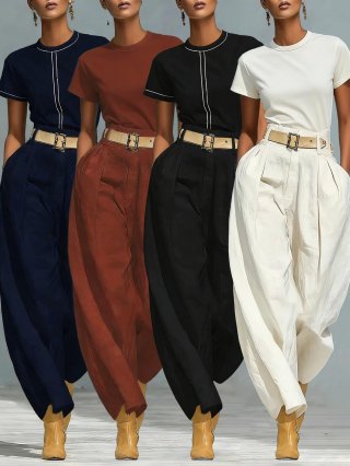 Women's Casual Two Piece Set Short Sleeve Round Neck T-Shirt And High Waist Wide Leg Harem Pants With Belt Minimalist Solid Color Streetwear Outfit For Ladies