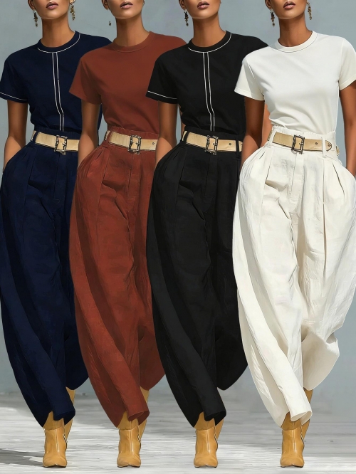 Women's Casual Two Piece Set Short Sleeve Round Neck T-Shirt And High Waist Wide Leg Harem Pants With Belt Minimalist Solid Color Streetwear Outfit For Ladies