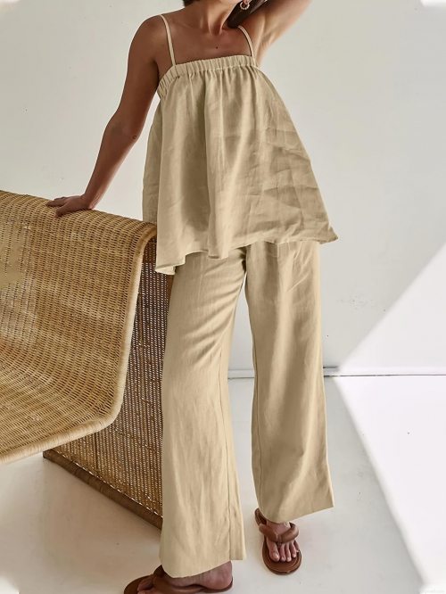 Women's Summer Two Piece Set Spaghetti Strap Backless Crop Top and High Waist Wide Leg Pants Solid Color Casual Vacation Outfits Minimalist Streetwear