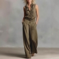 Women's Elegant Two-Piece Pants Set Polyester V-Neck Ruffle Sleeveless Shirt High Waist Wide Leg Long Pants Summer Casual Office Commute Outfit