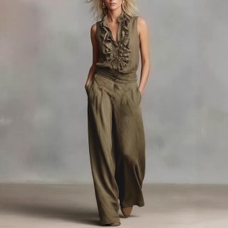 Women's Elegant Two-Piece Pants Set Polyester V-Neck Ruffle Sleeveless Shirt High Waist Wide Leg Long Pants Summer Casual Office Commute Outfit