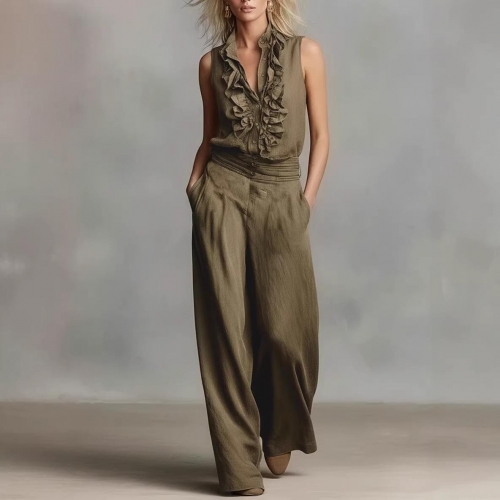 Women's Elegant Two-Piece Pants Set Polyester V-Neck Ruffle Sleeveless Shirt High Waist Wide Leg Long Pants Summer Casual Office Commute Outfit