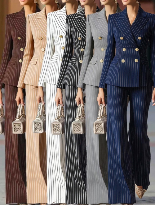 Women Elegant Striped Blazer Suit Set Double Breasted Slim Fit Office Business Long Sleeve Blazer Jacket and Wide Leg Pants Two-Piece Set Polyester Work Formal Outfits
