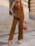 Women's 2 Piece Casual Set Sleeveless V Neck Button Down Shirt Top with Tie Belt and High Waist Wide Leg Long Pants Solid Color Summer Outfits for Women