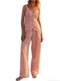Women's Fashion Pink Polyester Linen Feel Vest and Pants Two-Piece Set V-Neck Single Breasted Waistcoat and High Waist Wide Leg Trousers Casual Summer Vacation Suit