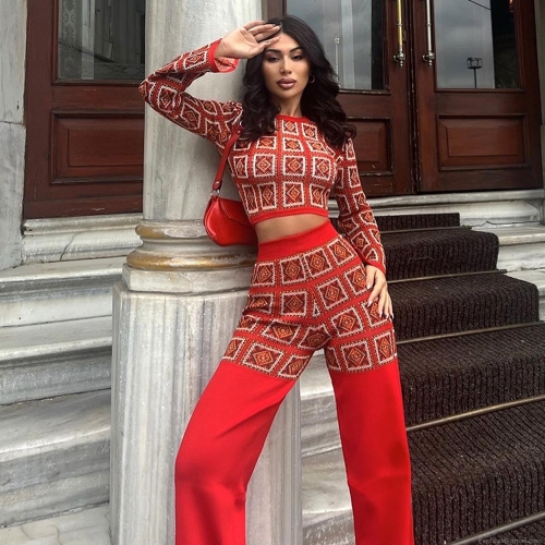 Women's 2 Piece Geometric Print Pants Set Long Sleeve Crop Top And High Waisted Wide Leg Trousers Polyester Spandex Retro Ethnic Style Casual Outfits