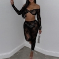 Women's Sexy Black Lace Two Piece Pant Set Hollow Out Off Shoulder Long Sleeve Crop Top And High Waist Skinny Leggings Bodycon Clubwear Outfit