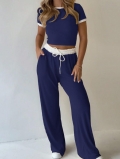 Women's 2 Piece Lounge Set Ribbed Knit Crop Top and Wide Leg Pants Casual Summer Outfits Polyester Spandex Tracksuit Set for Women Streetwear Jogger Sets