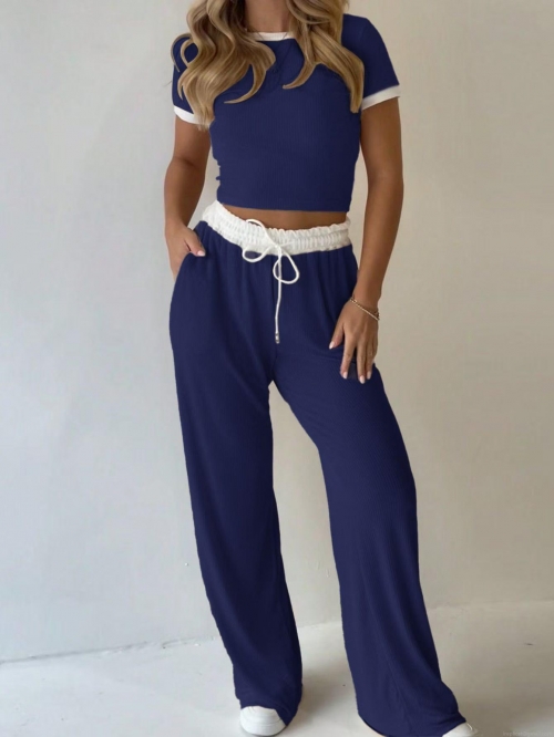 Women's 2 Piece Lounge Set Ribbed Knit Crop Top and Wide Leg Pants Casual Summer Outfits Polyester Spandex Tracksuit Set for Women Streetwear Jogger Sets