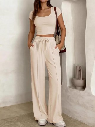 Women's 2 Piece Ribbed Knit Sets Casual Short Sleeve Crop Top And High Waisted Drawstring Wide Leg Pants Tracksuit Y2K Outfits For Summer Commute