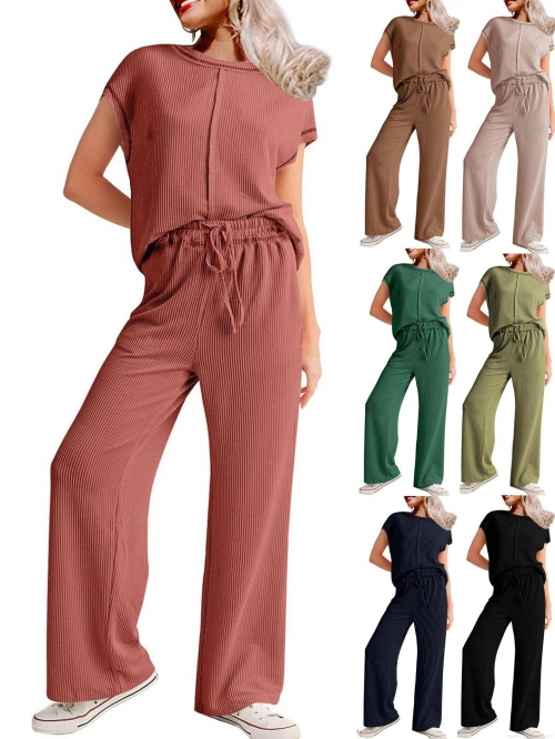 Women Ribbed Knit Two Piece Pants Set Casual Short Sleeve Round Neck T-Shirt And High Waist Drawstring Wide Leg Trousers Comfortable Daily Commuting Loungewear Co-ords Outfits