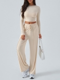 Women's Two Piece Set Long Sleeve Crop Top And High Waisted Wide Leg Pants Solid Color Knit Tracksuit Lounge Set For Casual Commuting Autumn Winter
