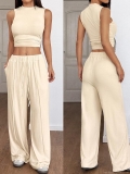 Women's 2 Piece Lounge Set Ribbed Knit Sleeveless Crop Tank Top And High Waisted Wide Leg Pants Set Casual Summer Y2K Streetwear Solid Color Outfits For Women