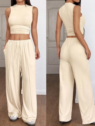 Women's 2 Piece Lounge Set Ribbed Knit Sleeveless Crop Tank Top And High Waisted Wide Leg Pants Set Casual Summer Y2K Streetwear Solid Color Outfits For Women