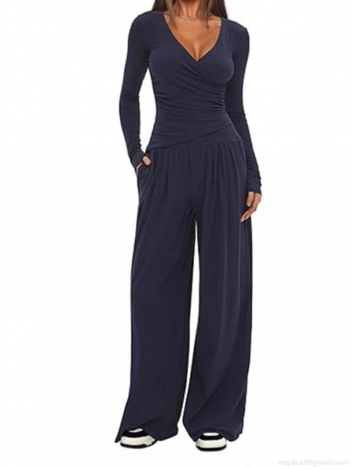 Women's 2-Piece Lounge Set V-Neck Wrap Top And Wide Leg Pants Casual Comfortable Fall Spring Tracksuit Long Short Sleeve Outfits For Women