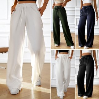Women's Casual Wide Leg Pants Elastic High Waist Drawstring Solid Color Ribbed Knit Trousers With Pockets Loose Fit Fall Winter Commute Lounge Pants