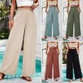 Women High Waisted Wide Leg Pants Smocked Waist Casual Viscose Trousers With Pockets For Summer Beach Vacation Loose Fit Flowy Pants