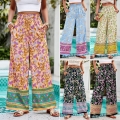 Women's Bohemian Floral Wide Leg Pants High Waist Elastic Waist Relaxed Fit 100% Viscose Palazzo Trousers with Pockets for Summer Beach Vacation