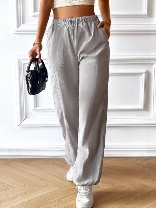 Women's Casual Cargo Pants Acrylic Polyester Woven Fabric Drawstring Elastic Waist Loose Fit Joggers Trousers With Side Pockets