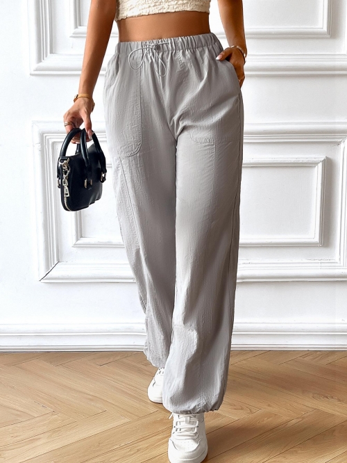 Women's Casual Cargo Pants Acrylic Polyester Woven Fabric Drawstring Elastic Waist Loose Fit Joggers Trousers With Side Pockets