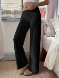Women's Straight Wide Leg Pants Viscose Elastane Blend Fold-over Waist Casual Holiday Solid Color High Waist Lounge Trousers Comfortable Soft Autumn Winter Bottoms